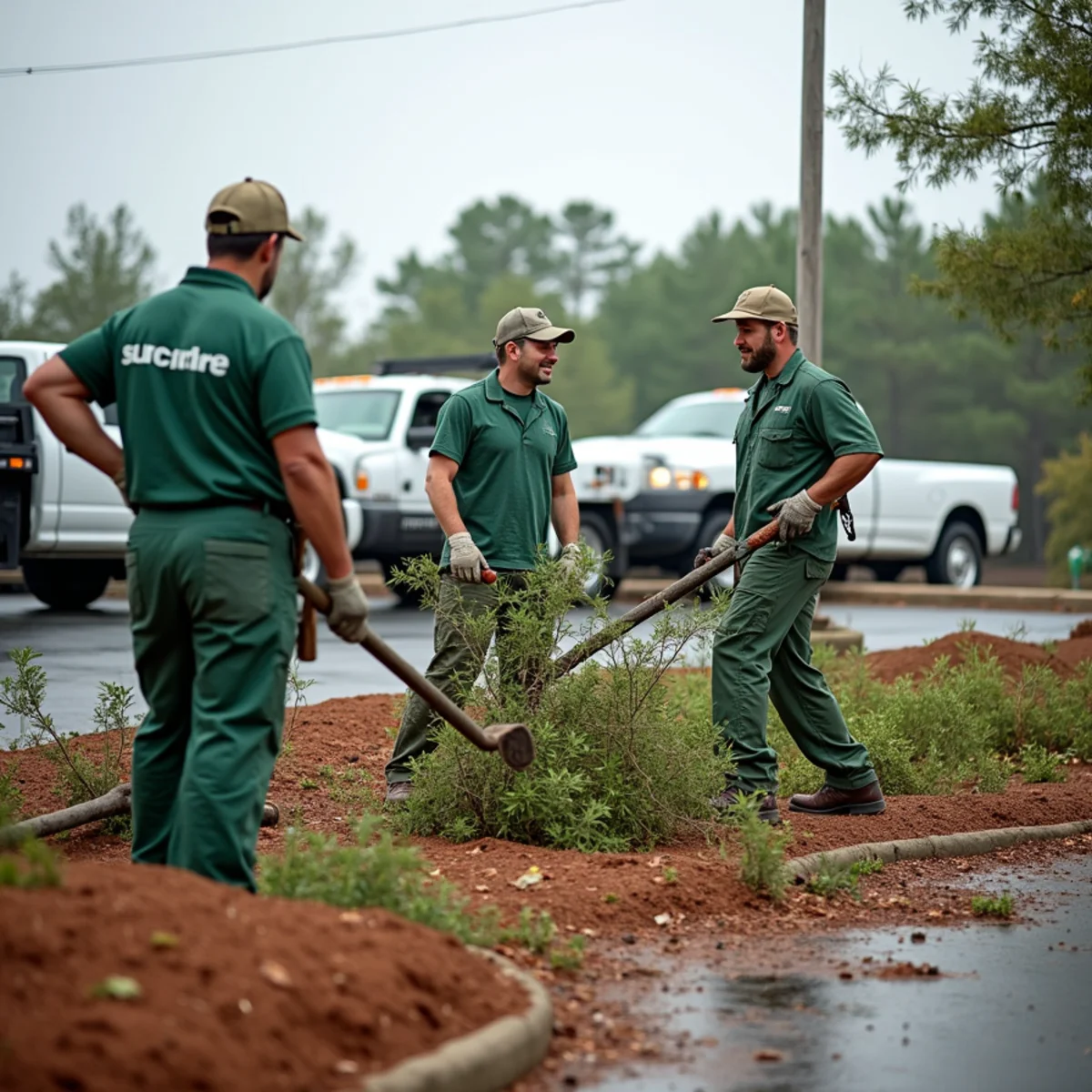 Crews clearing storm debris from a retail shopping center parking lot in Montgomery, Alabama