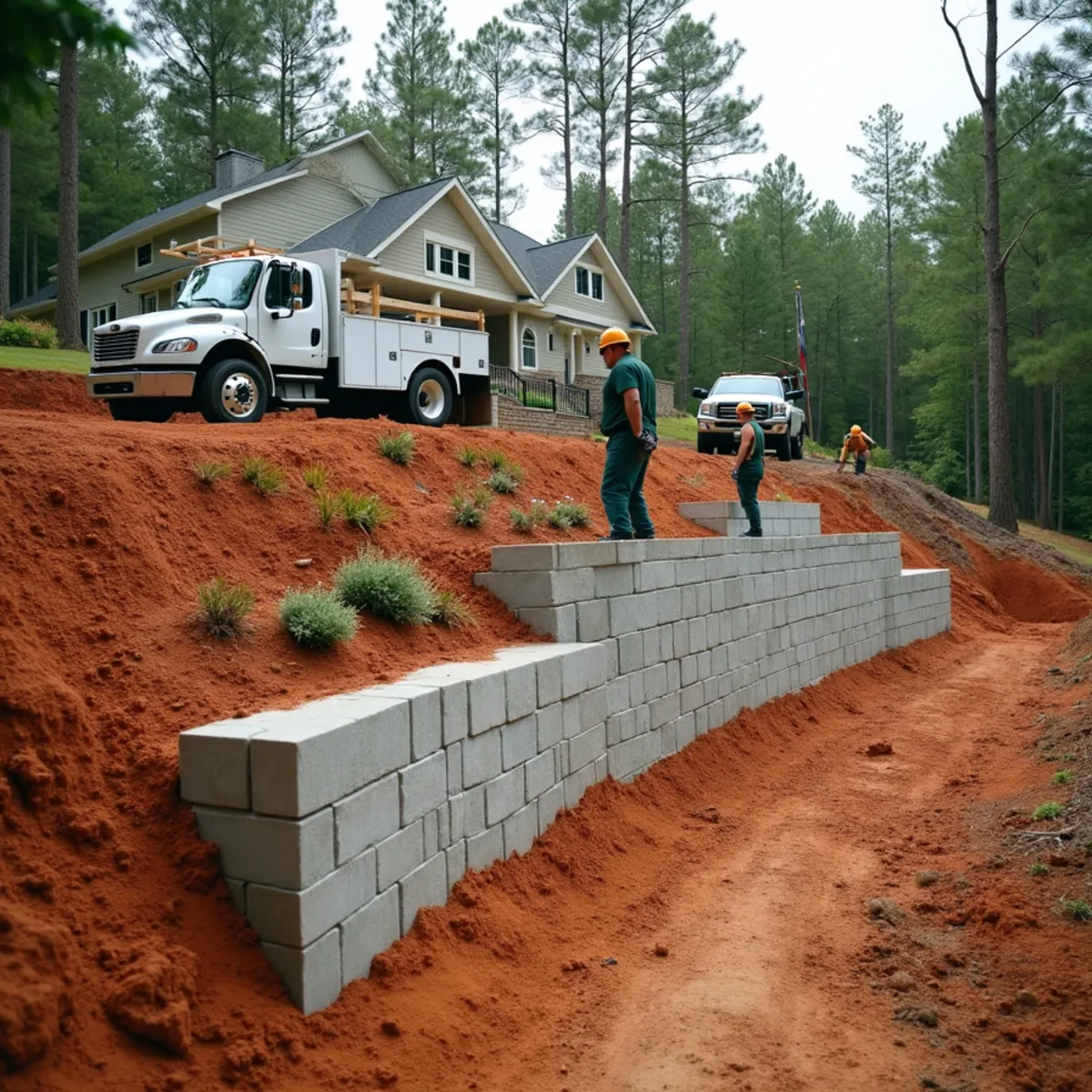 A tiered concrete block retaining wall stabilizing a red clay hillside in Wetumpka, Alabama