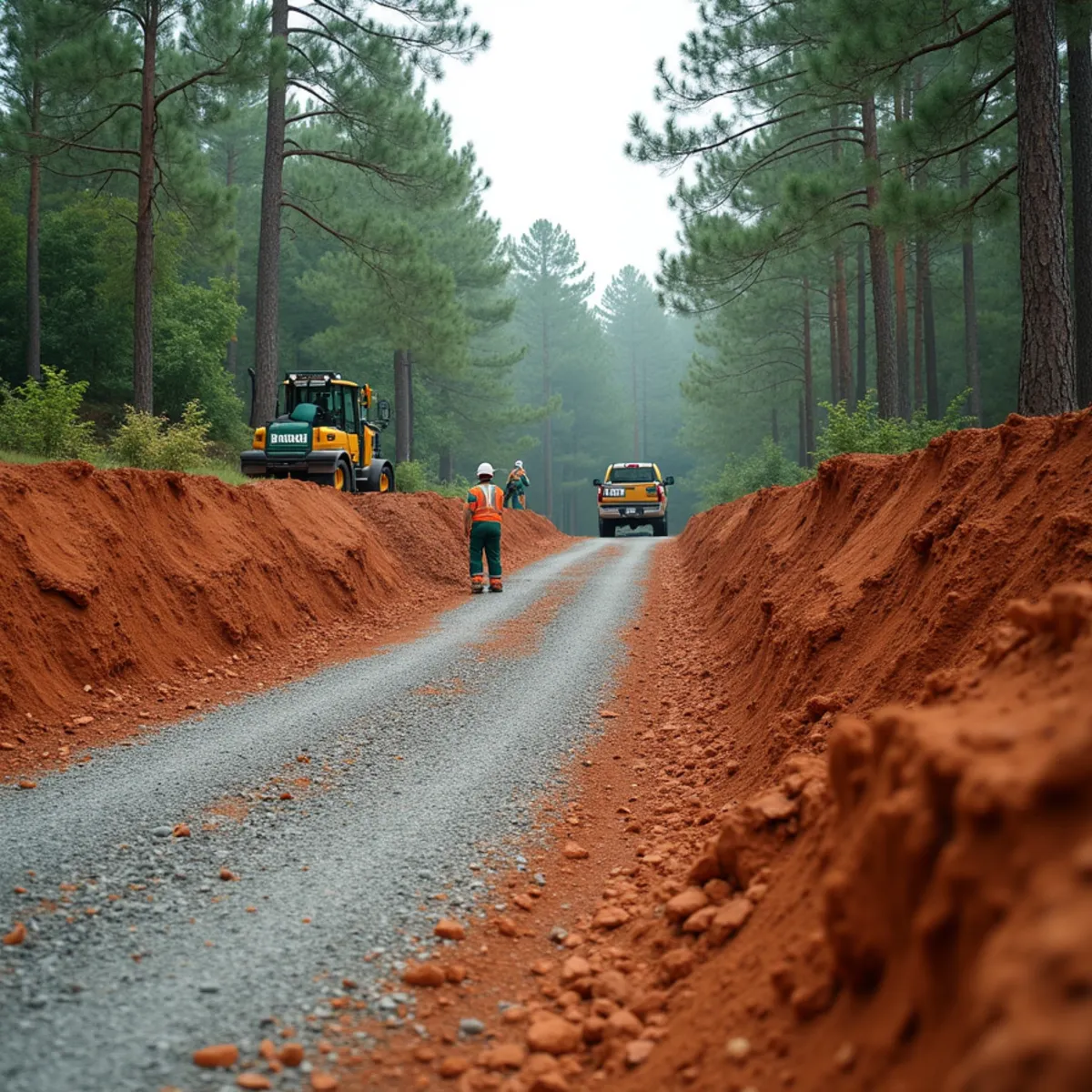 A gravel driveway on a slope in Prattville, Alabama gutted by erosion channels after heavy rain