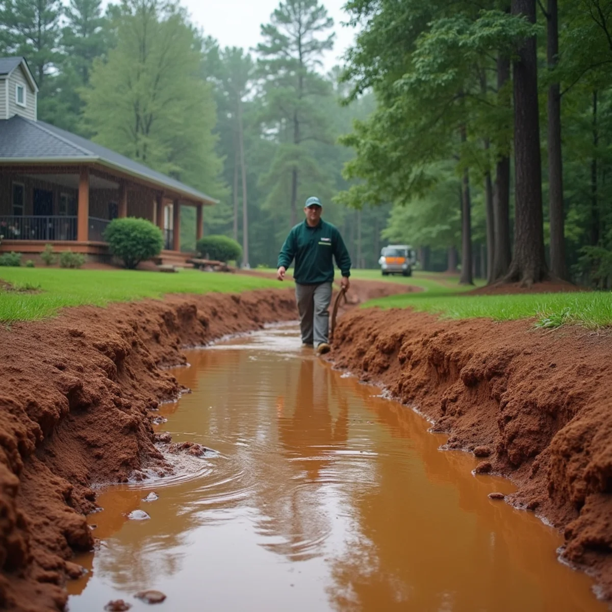 Standing water pooling against a home foundation in saturated red clay soil in Wetumpka, Alabama