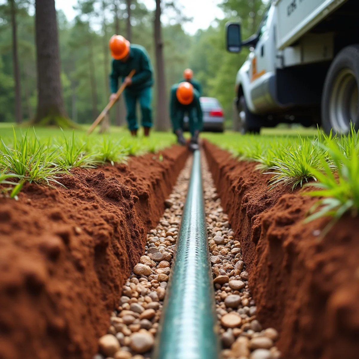 A french drain trench with gravel being installed in a soggy red clay lawn in Deatsville, Alabama