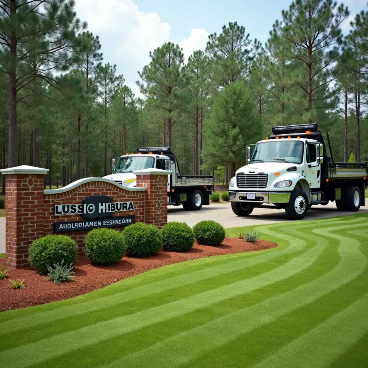 A well-maintained subdivision entrance and common area landscape in Prattville, Alabama