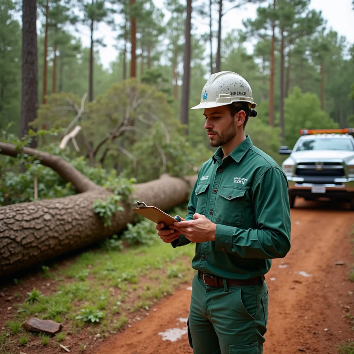 A fallen loblolly pine on a damaged roof in Elmore County, Alabama being assessed for an insurance claim
