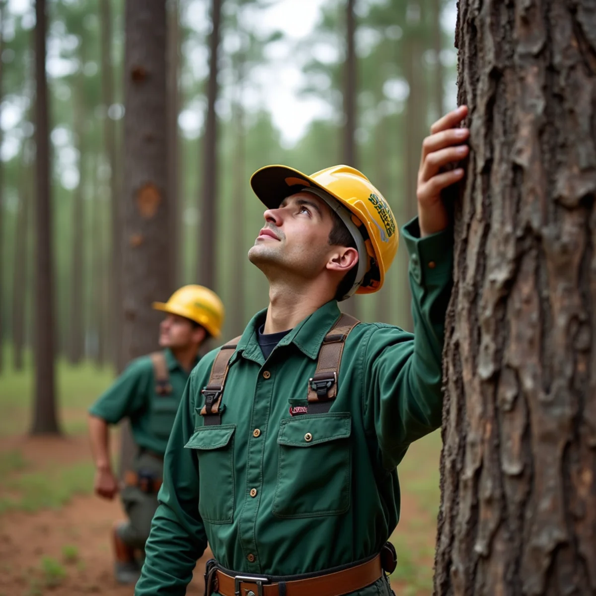 A homeowner inspecting the base and trunk of a tall loblolly pine for storm vulnerability in Marbury, Alabama