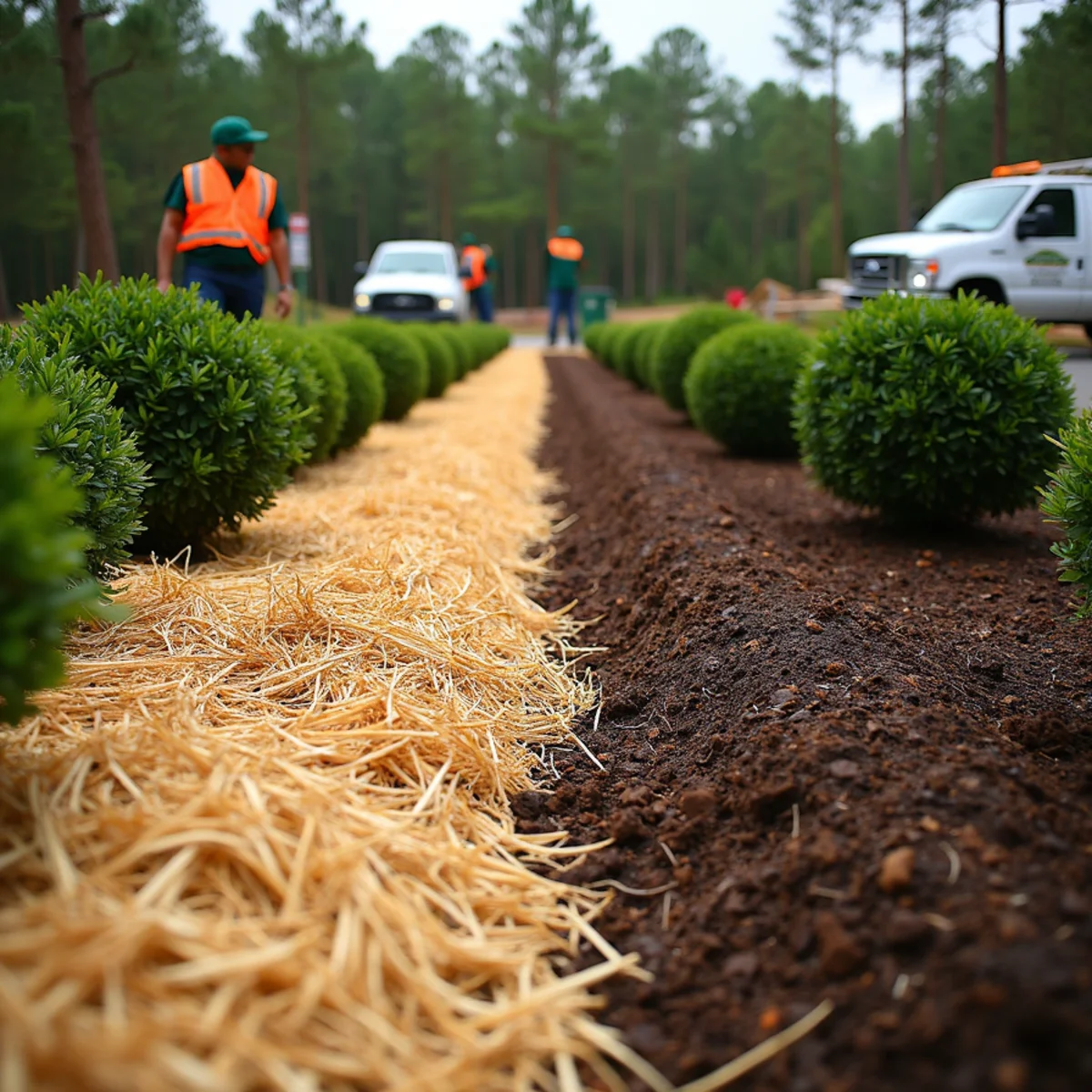 Landscape beds mulched with longleaf pine straw beside beds with hardwood mulch in Wetumpka, Alabama