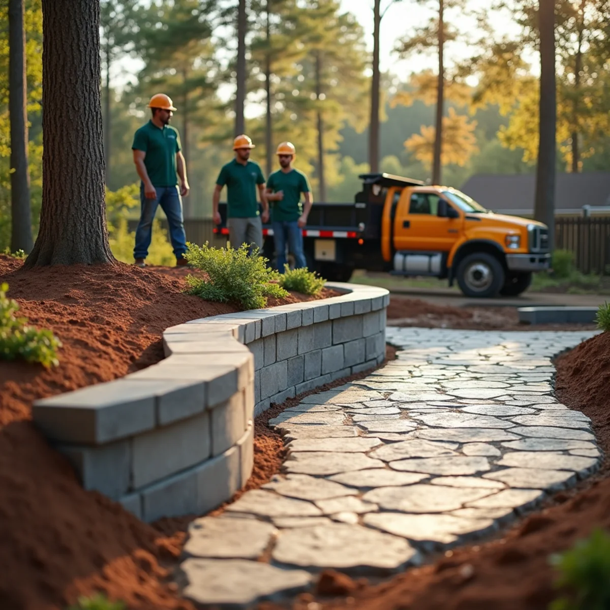 A finished concrete block retaining wall and paver patio in a Wetumpka, Alabama backyard