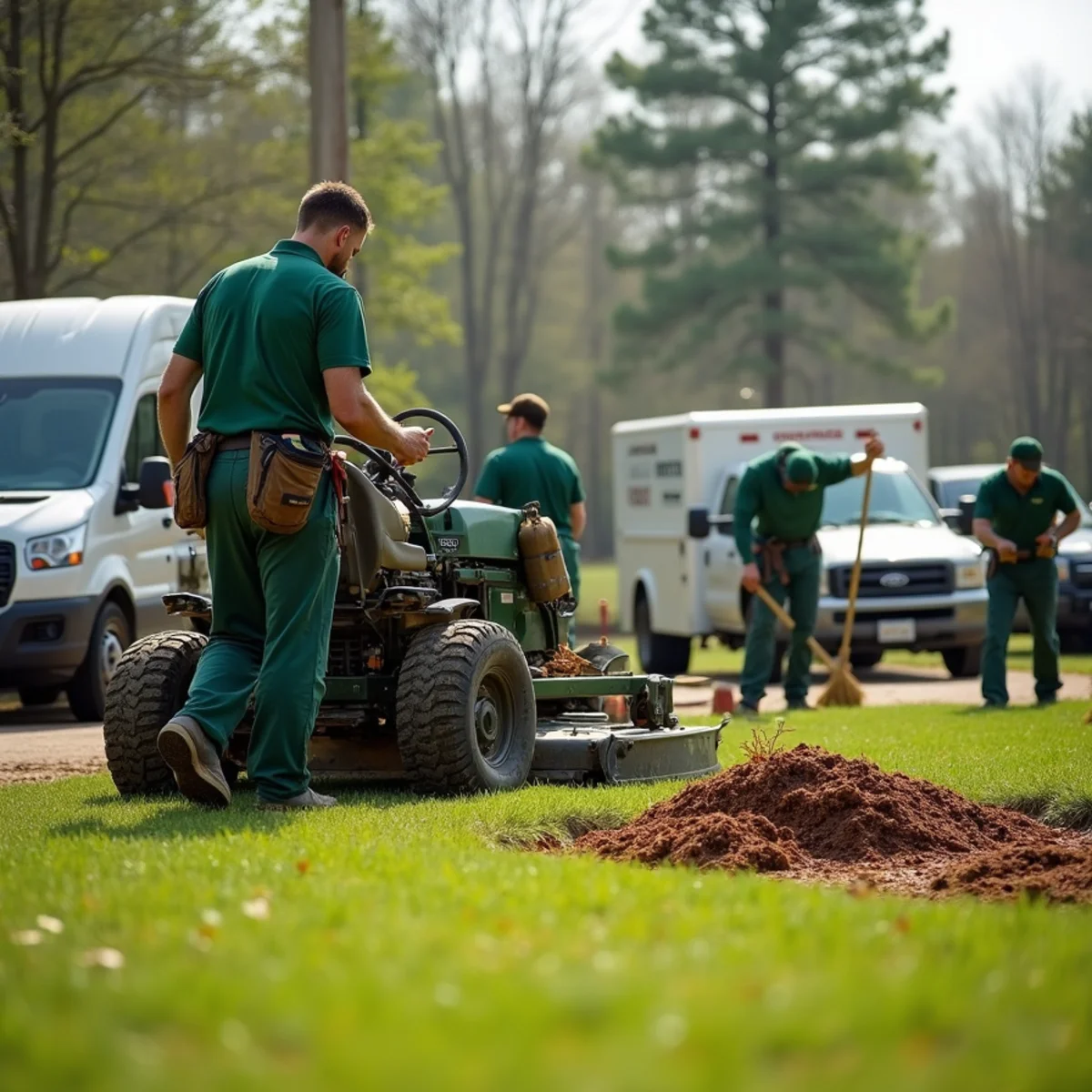 A homeowner performing spring lawn cleanup and aeration on a warm-season lawn in Deatsville, Alabama