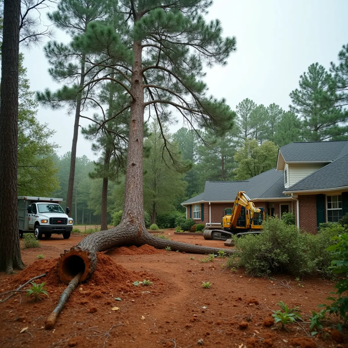 A large loblolly pine toppled across a residential yard in Deatsville, Alabama after a spring storm