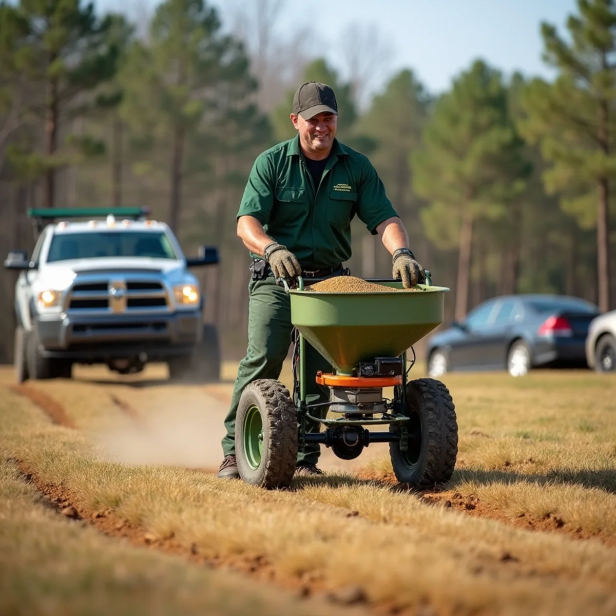 A dormant warm-season lawn being treated with pre-emergent weed control in Prattville, Alabama in fall