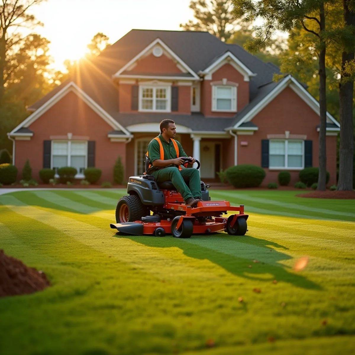 Truvian Lawn Care crew mowing and landscaping a lush lawn in Deatsville, Alabama